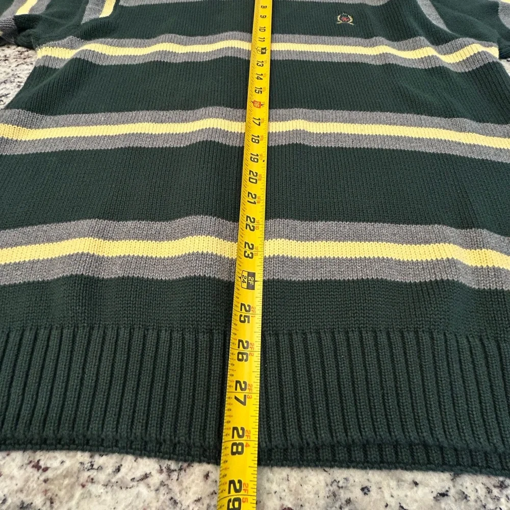 Tommy Hilfiger Vintage 90s Style Green and Yellow Striped Cotton Crew‎ Sweater L